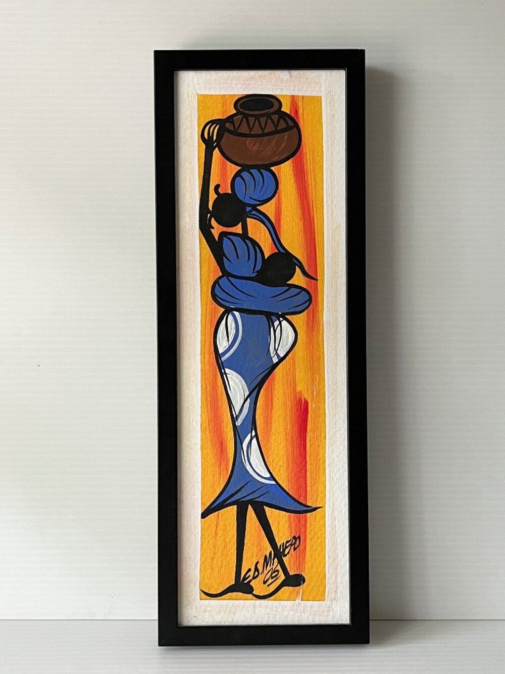 Original African Folk Art Painting Signed Framed Mother with Children & Pot 18.5